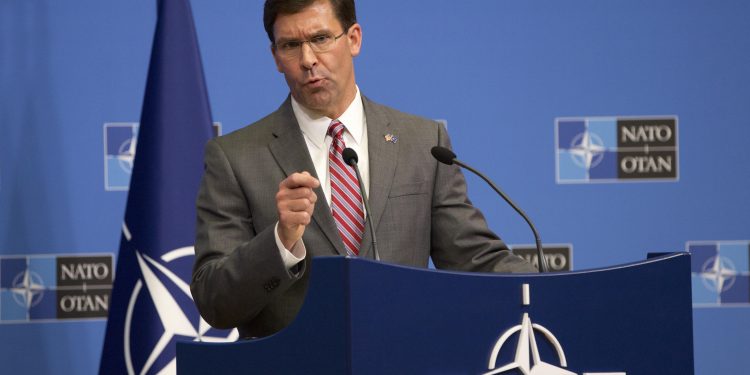 Acting U.S. Secretary for Defense Mark Esper speaks during a media conference at the conclusion of a meeting of NATO defense ministers at NATO headquarters in Brussels, Thursday, June 27, 2019. (AP Photo/Virginia Mayo)