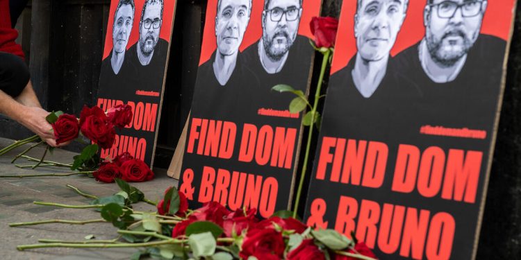 Family members, journalists and civil society organisations hold a vigil at the Brazilian Embassy in London to urge Brazilian authorities to scale up the search for missing British journalist Dom Phillips and Brazilian Indigenous expert Bruno Araújo Pereira.